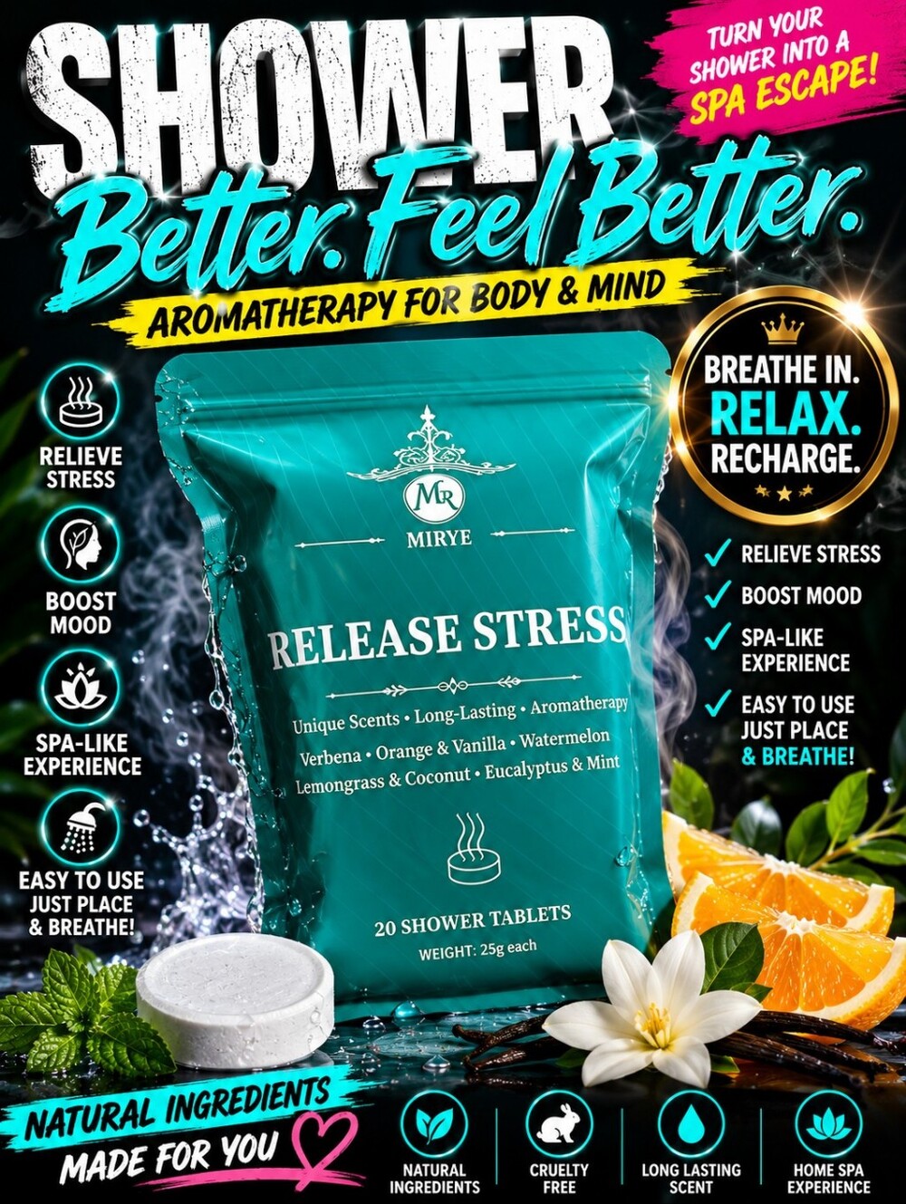 MIRYE Release Stress Shower Steamers 20 Tablets Aromatherapy Essential Oil